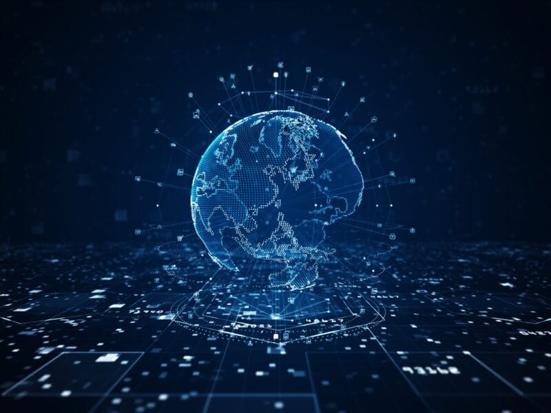 Digital globe with glowing blue data nodes and grid lines, government database research