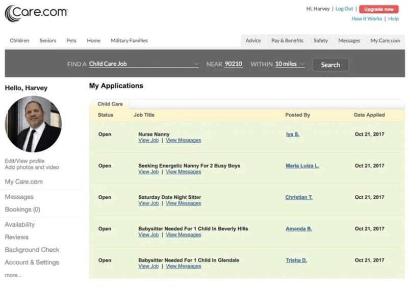 Care.com profile for Harvey Weinstein showing child care job applications