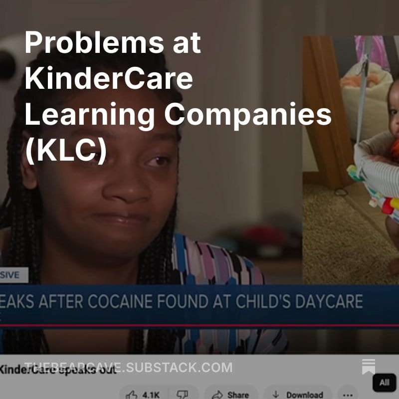 Bear Cave tweet showing a news broadcast about problems at KinderCare Learning Companies